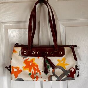 Canvas Floral-Print dooney and BourkeTote with Burgundy Leather Trim